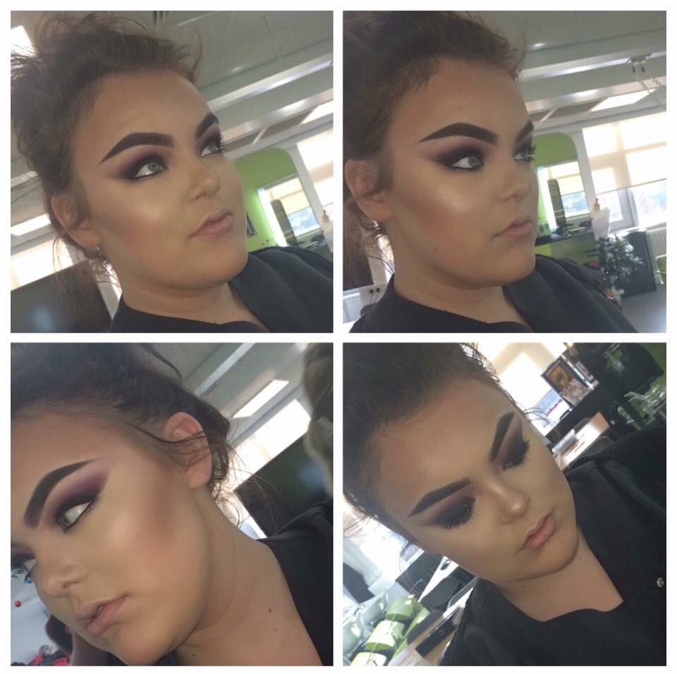 My client wanted a dark purple smokey eye, I used different tones purples with eye liner and lashes to finish my eye makeup off, I also contoured highlighted.