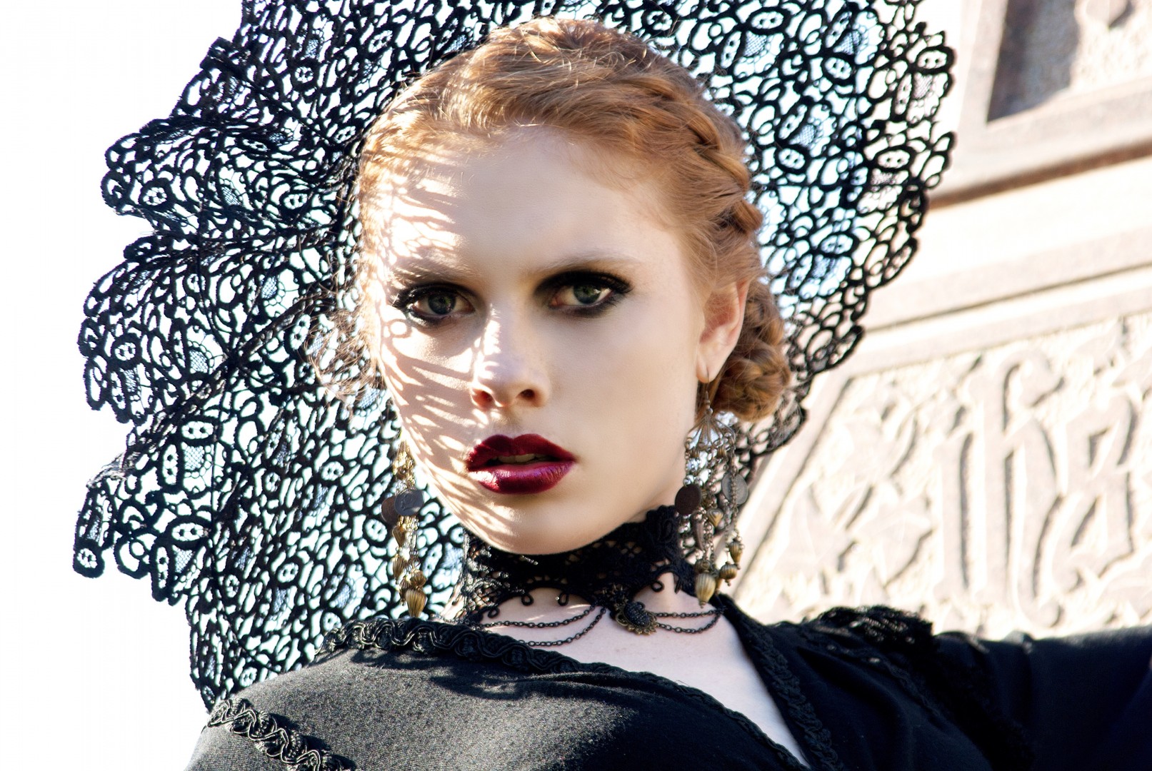 Gothic styled shoot featuring lace hat by Annabel Allen of UK Milliners Guild