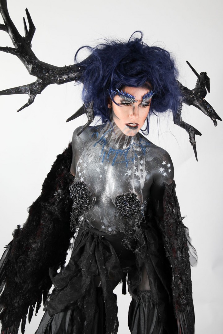 Twilight is based on a look completed for my HND end of year show alongside Slumber. these two models were to represent Lucid Dreaming. this model wore stilts to add high impact. Wig, wings, costume, body paint and prosthetics by me. Performer Maria Antonia Starvou