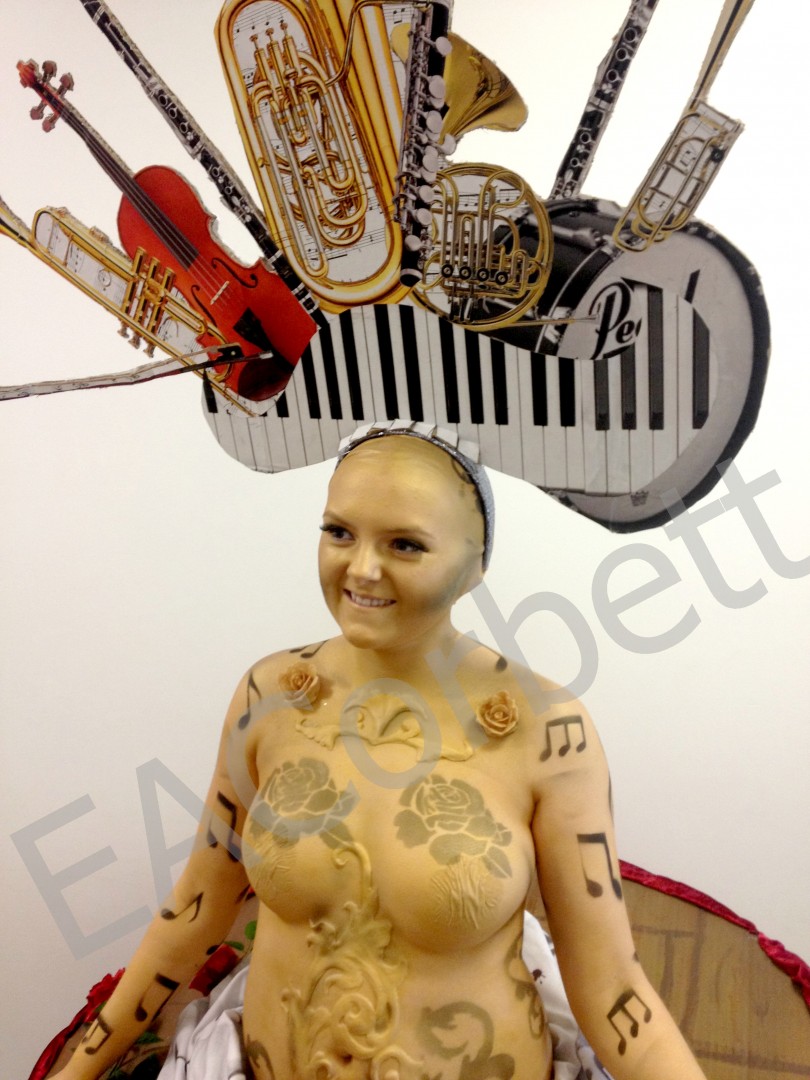 This is my World Skills Semi Final makeup. Prosthetic, Bald cap, body paint, stencils, skirt and head piece were all designed and created by myself. the theme was musical theater and so I tried to capture the music by adding notes and the orchestra headpiece but capture the beauty of the theaters themselves with gold architectural prosthetics and a stage skirt. This look got me first place in my heat and into the Final were I received 4th place and a highly commended award.